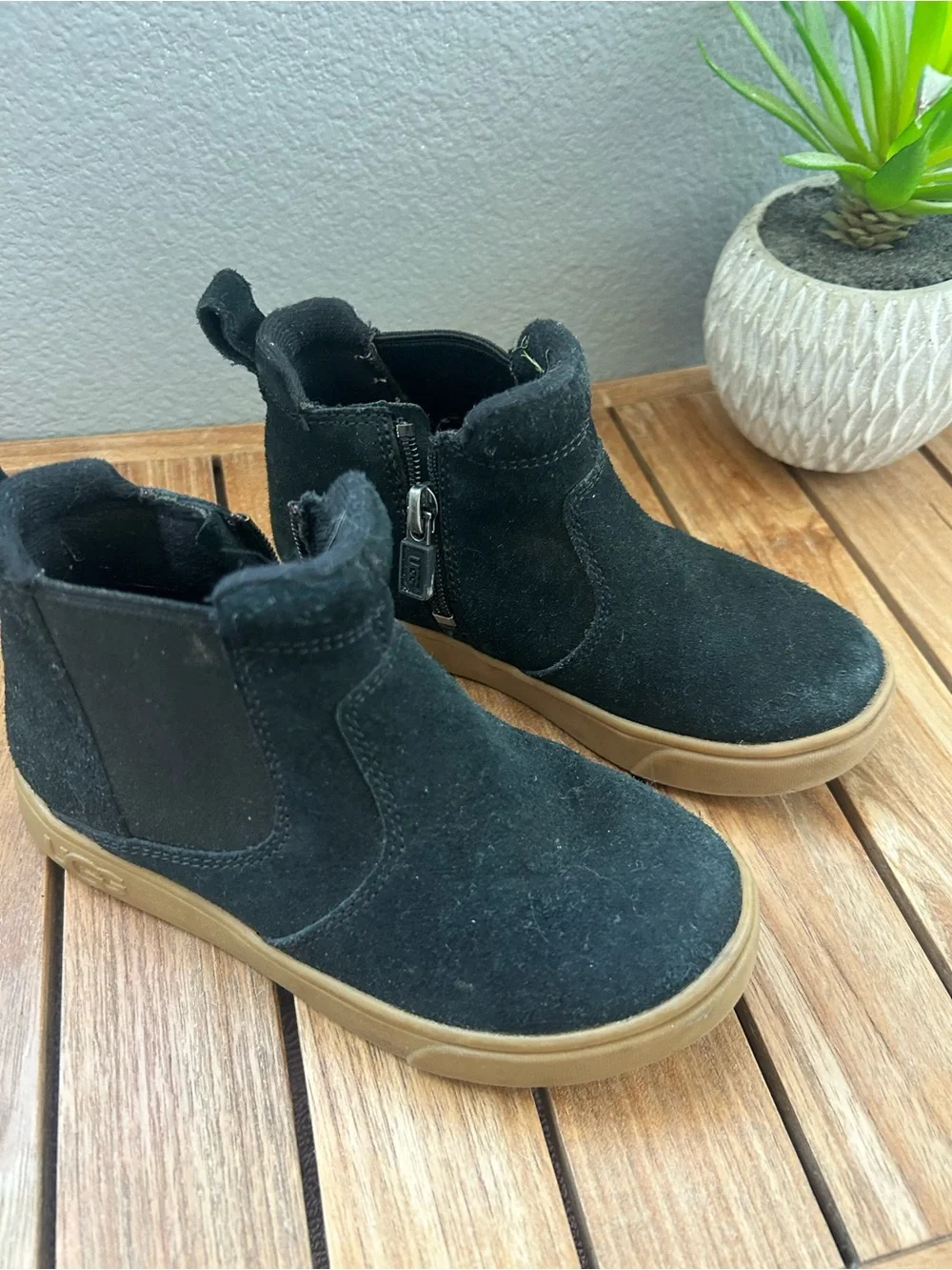 UGG Kids Black Suede Boots with Tan Sole